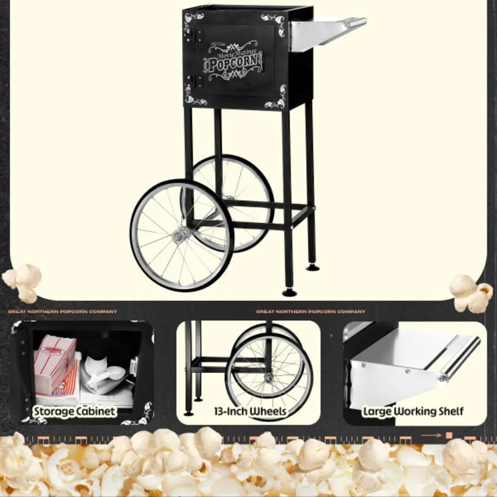 Matinee Popcorn Machine with Cart - 8oz Popper with Stainless-Steel Kettle, Warming Light, and Accessories by Great Northern Popcorn (Black)