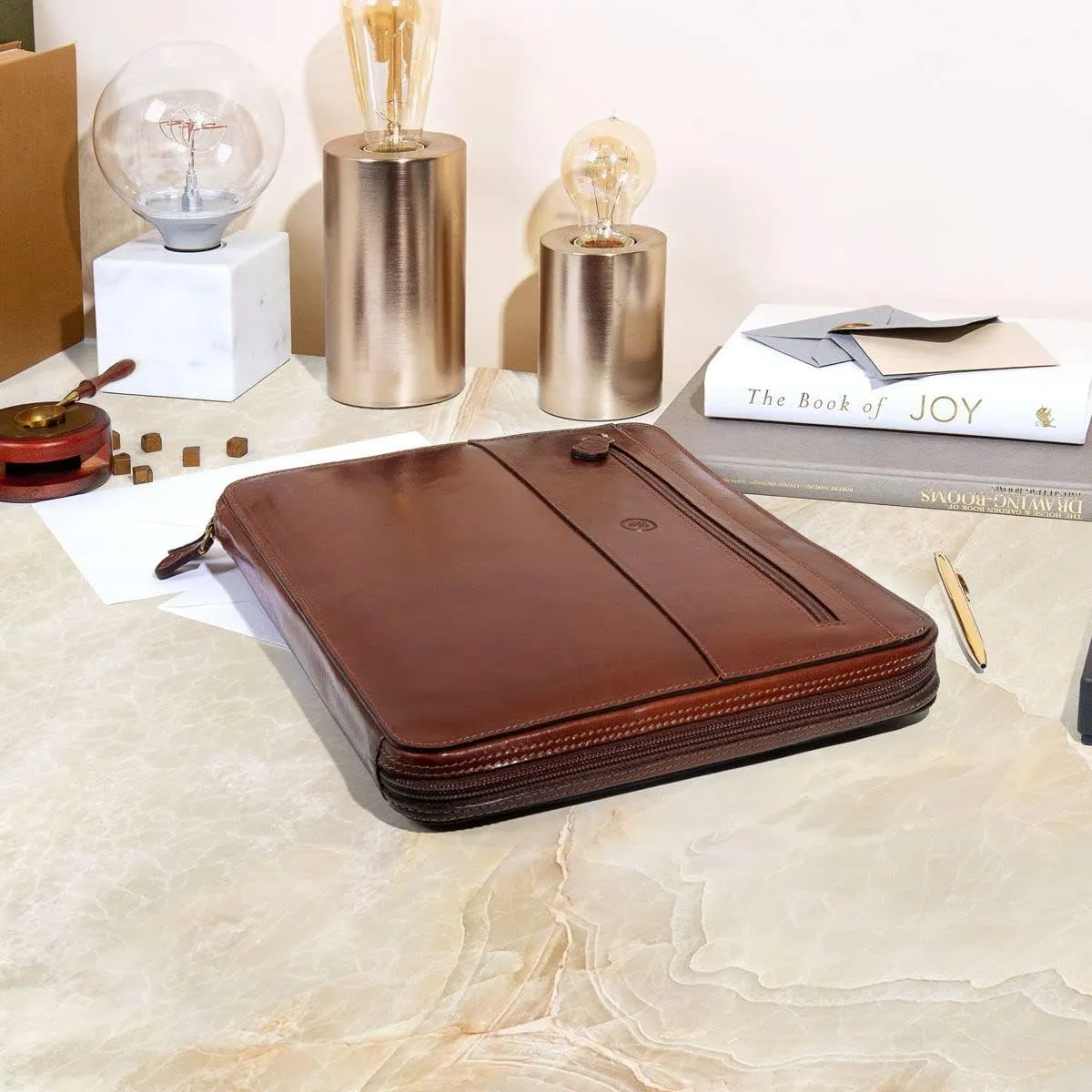 Maxwell Scott - Luxury Leather Business Portfolio Padfolio with Padded Tablet Pocket - Made in Italy - The Pareto Dark Brown