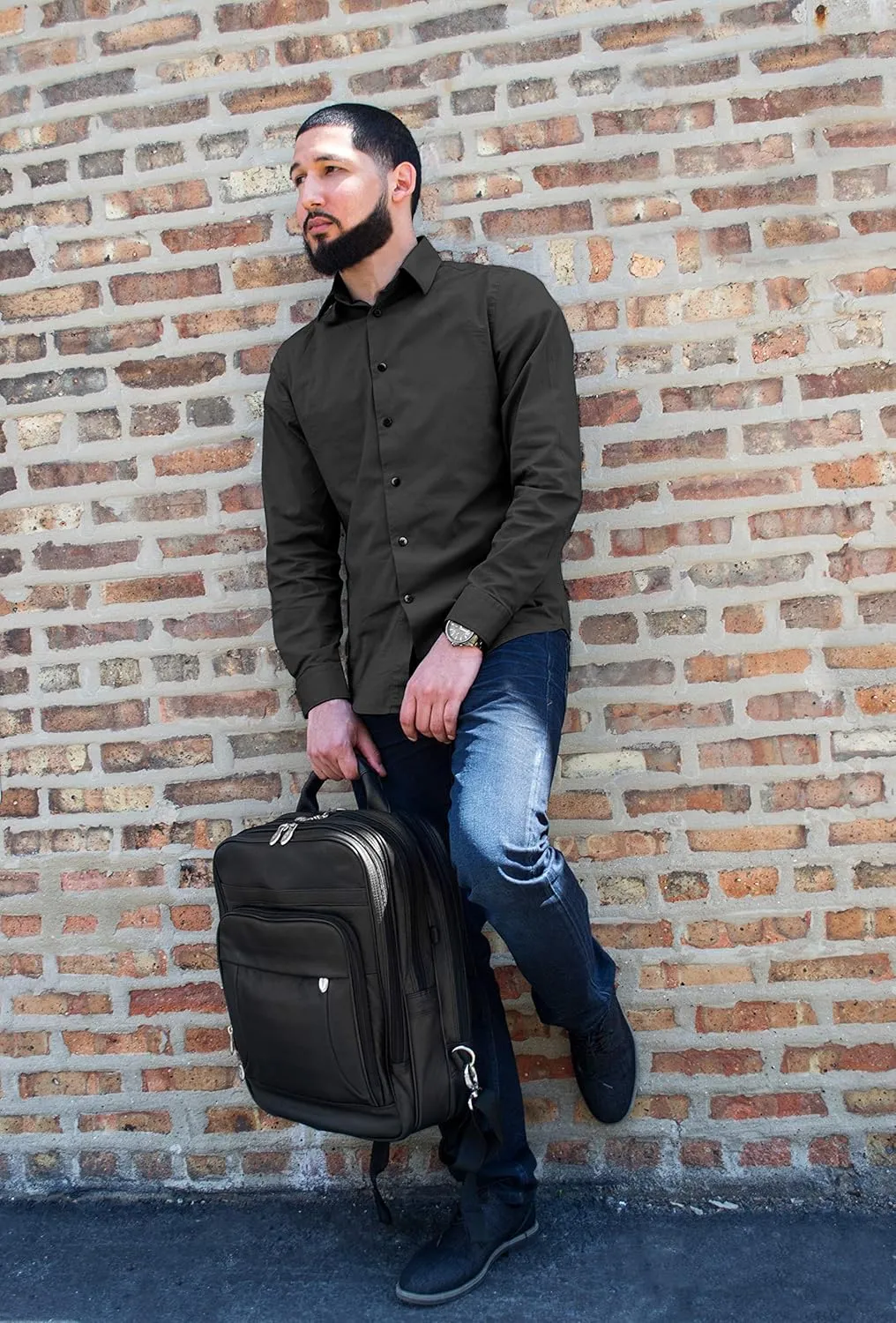 McKlein 17" Leather Patented Detachable -Wheeled Three-Way Laptop Backpack Briefcase- WICKER PARK- Black