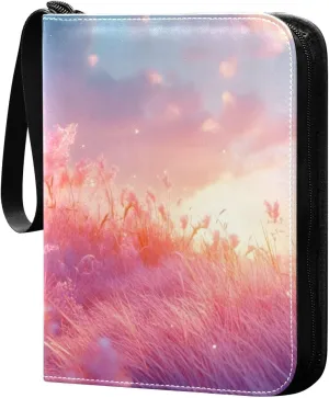 Meadow Pink Landscape Card Binder 4 Pocket Trading Card Album Fits 400 Sports/Game Cards, PU Cover 3 Ring Card Collection with 50 Removable Sleeves