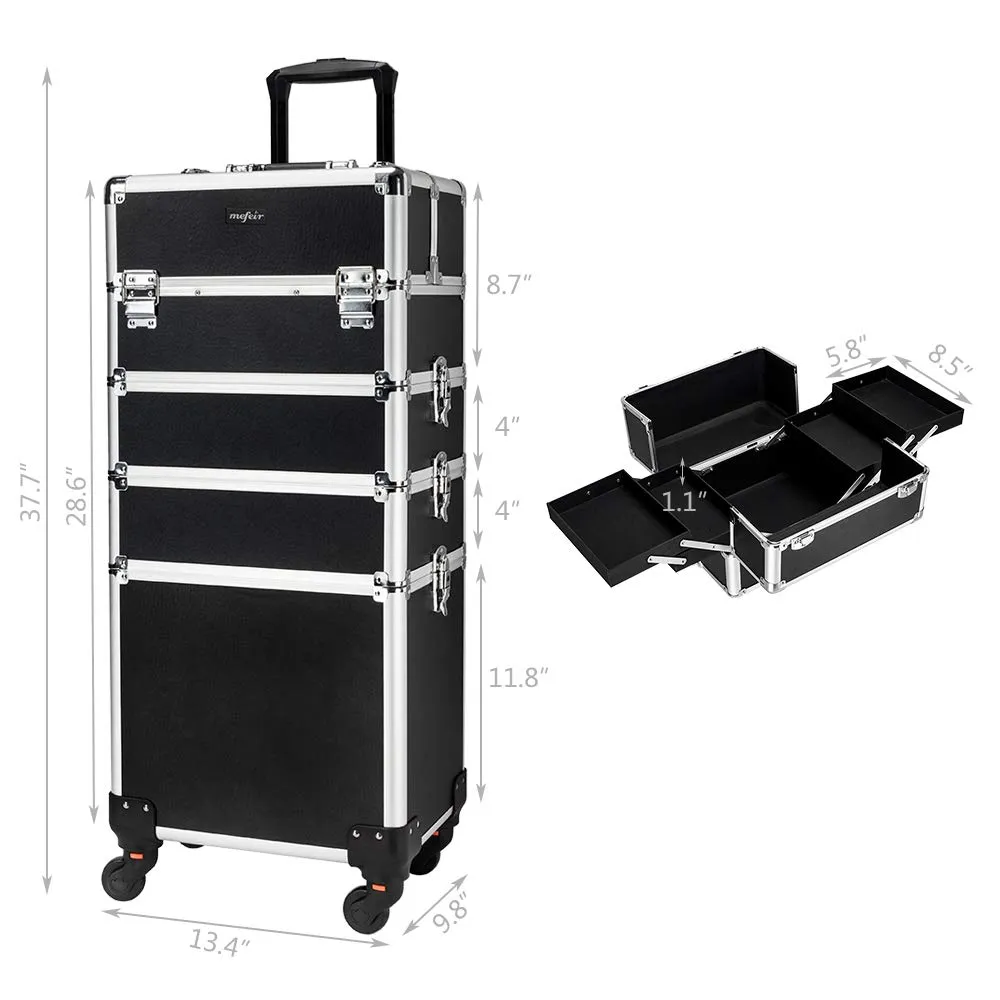 mefeir 4 in 1 Rolling Makeup Train Case, Aluminum Makeup Travel Organizer Cosmetic Case, Cosmetology Display Suitcase on Wheels, Beauty Storage Luggage Lockable w/4 Removable Wheels (Black)