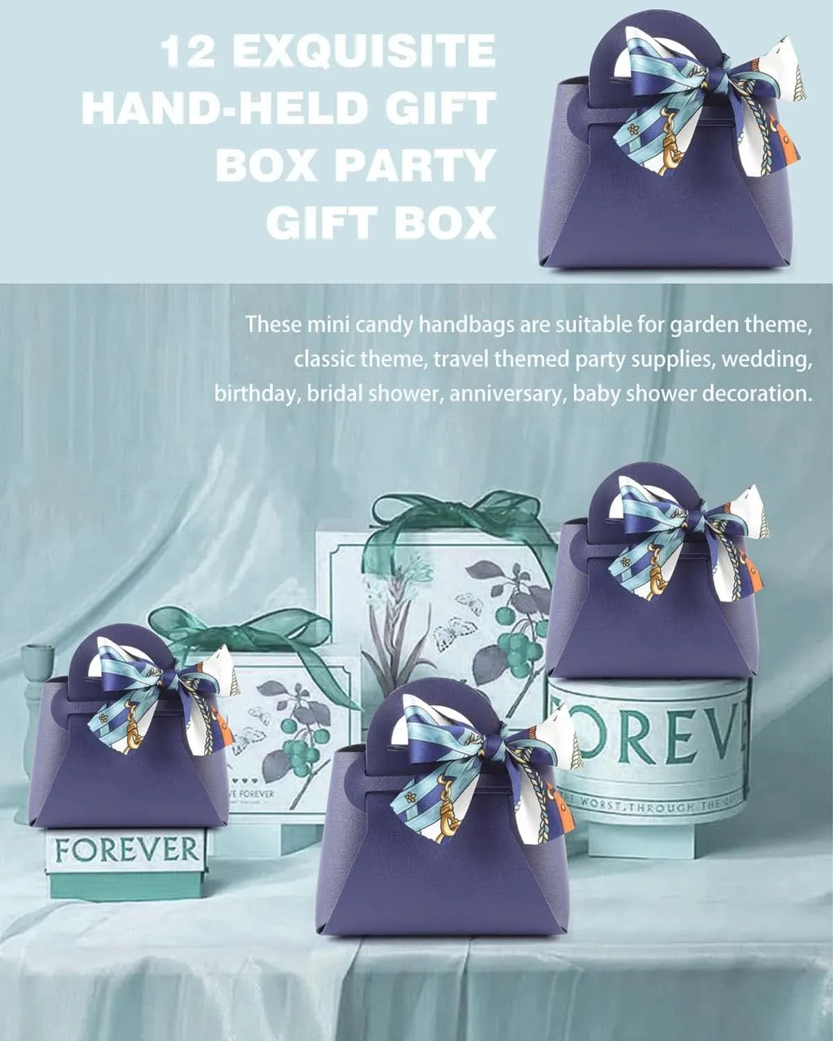 MEIKLE 12 Pack PU Leather Ribbon Candy Gift Bags Wedding Candy Box Birthday Party Favor Bags for Baby Showers Christmas Halloween (Navy,12pcs)