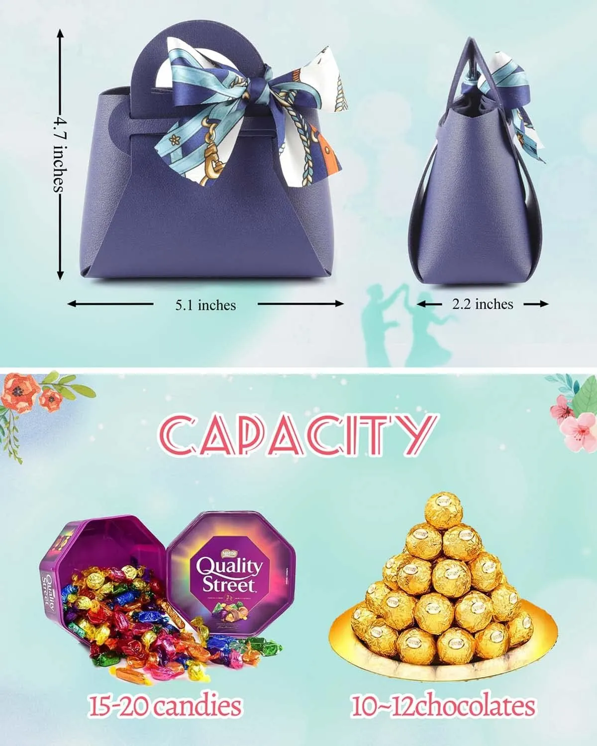 MEIKLE 12 Pack PU Leather Ribbon Candy Gift Bags Wedding Candy Box Birthday Party Favor Bags for Baby Showers Christmas Halloween (Navy,12pcs)