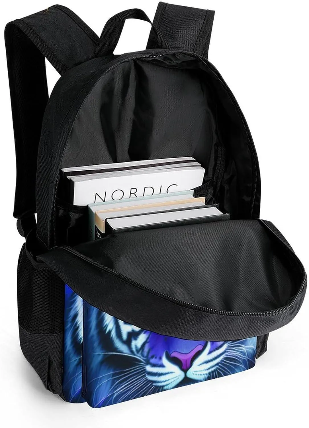 Men & Women Polyester Cool Tiger Head Fire Surreal Style Art Backpack Large Capacity Bookbag With Smooth Zippers for Climbing Picnic Bicycle