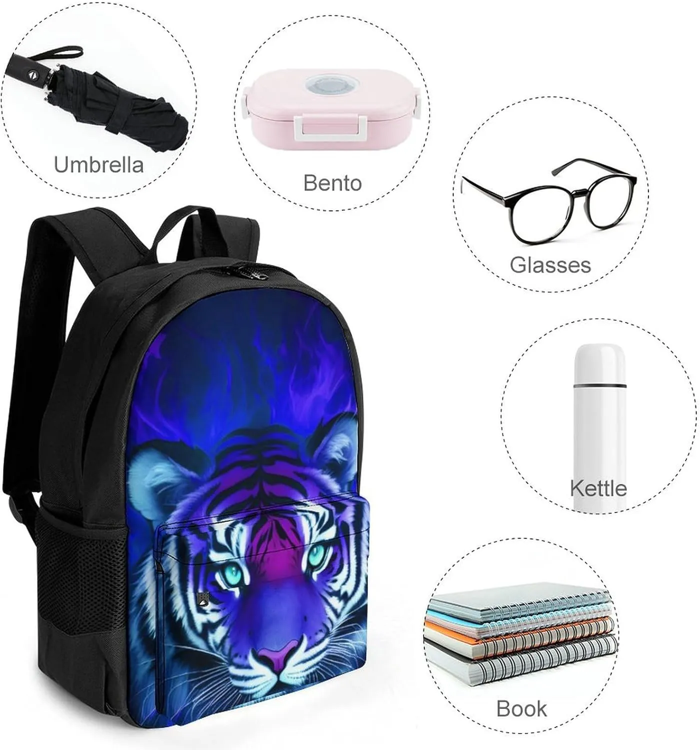 Men & Women Polyester Cool Tiger Head Fire Surreal Style Art Backpack Large Capacity Bookbag With Smooth Zippers for Climbing Picnic Bicycle