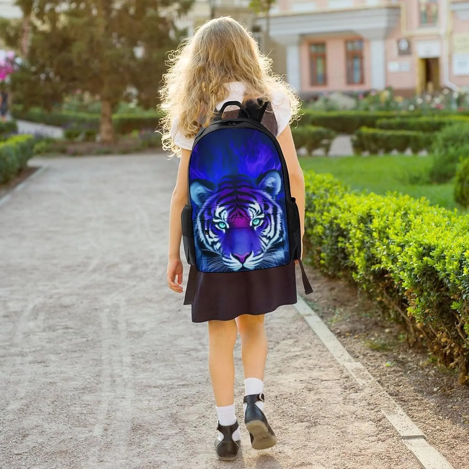 Men & Women Polyester Cool Tiger Head Fire Surreal Style Art Backpack Large Capacity Bookbag With Smooth Zippers for Climbing Picnic Bicycle