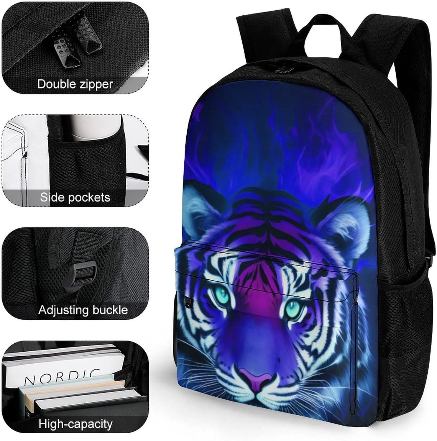 Men & Women Polyester Cool Tiger Head Fire Surreal Style Art Backpack Large Capacity Bookbag With Smooth Zippers for Climbing Picnic Bicycle
