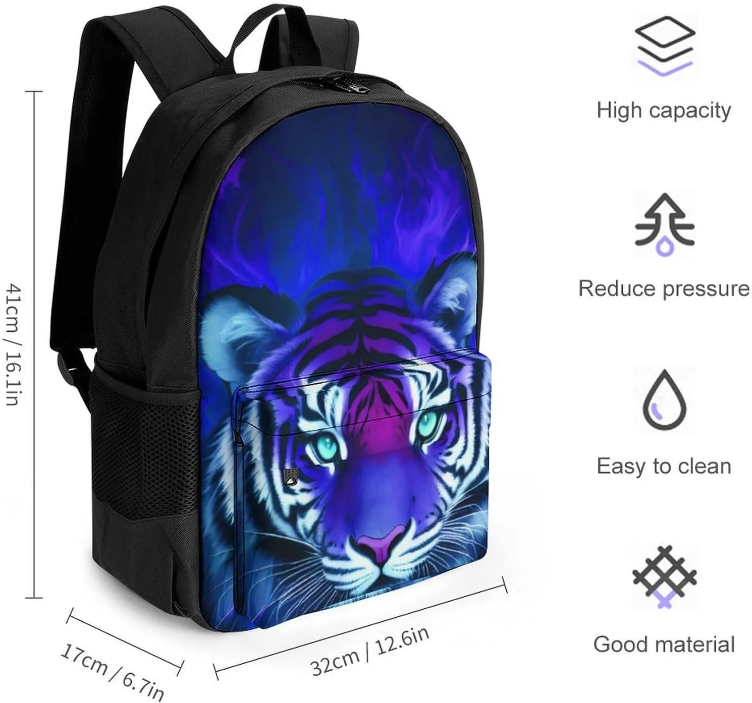 Men & Women Polyester Cool Tiger Head Fire Surreal Style Art Backpack Large Capacity Bookbag With Smooth Zippers for Climbing Picnic Bicycle