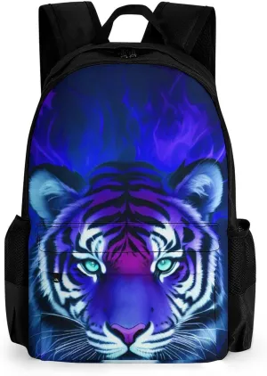 Men & Women Polyester Cool Tiger Head Fire Surreal Style Art Backpack Large Capacity Bookbag With Smooth Zippers for Climbing Picnic Bicycle
