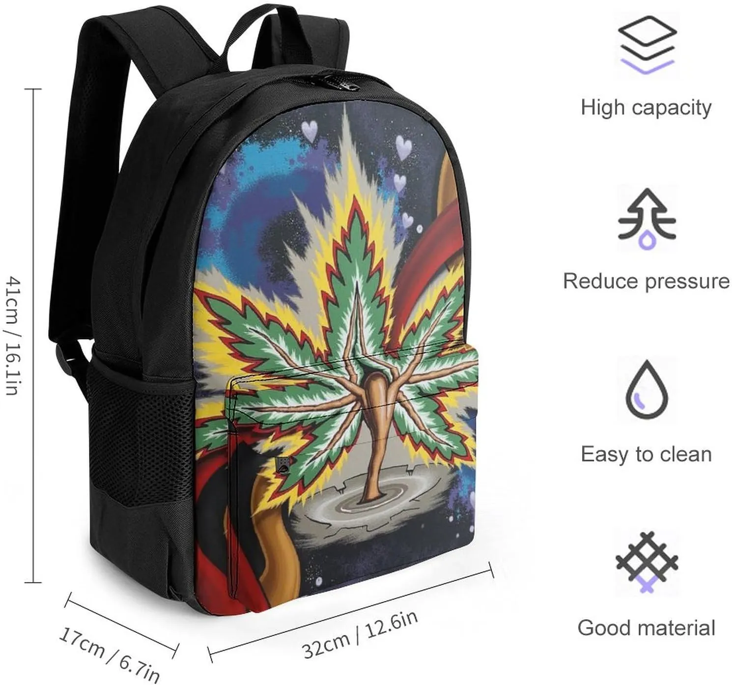 Men Women Lightweight Beauty Psychedelic Multi Color Marijuanaweed Art Backpack Large Capacity Bookbag With Smooth Zippers for Gym Business Running