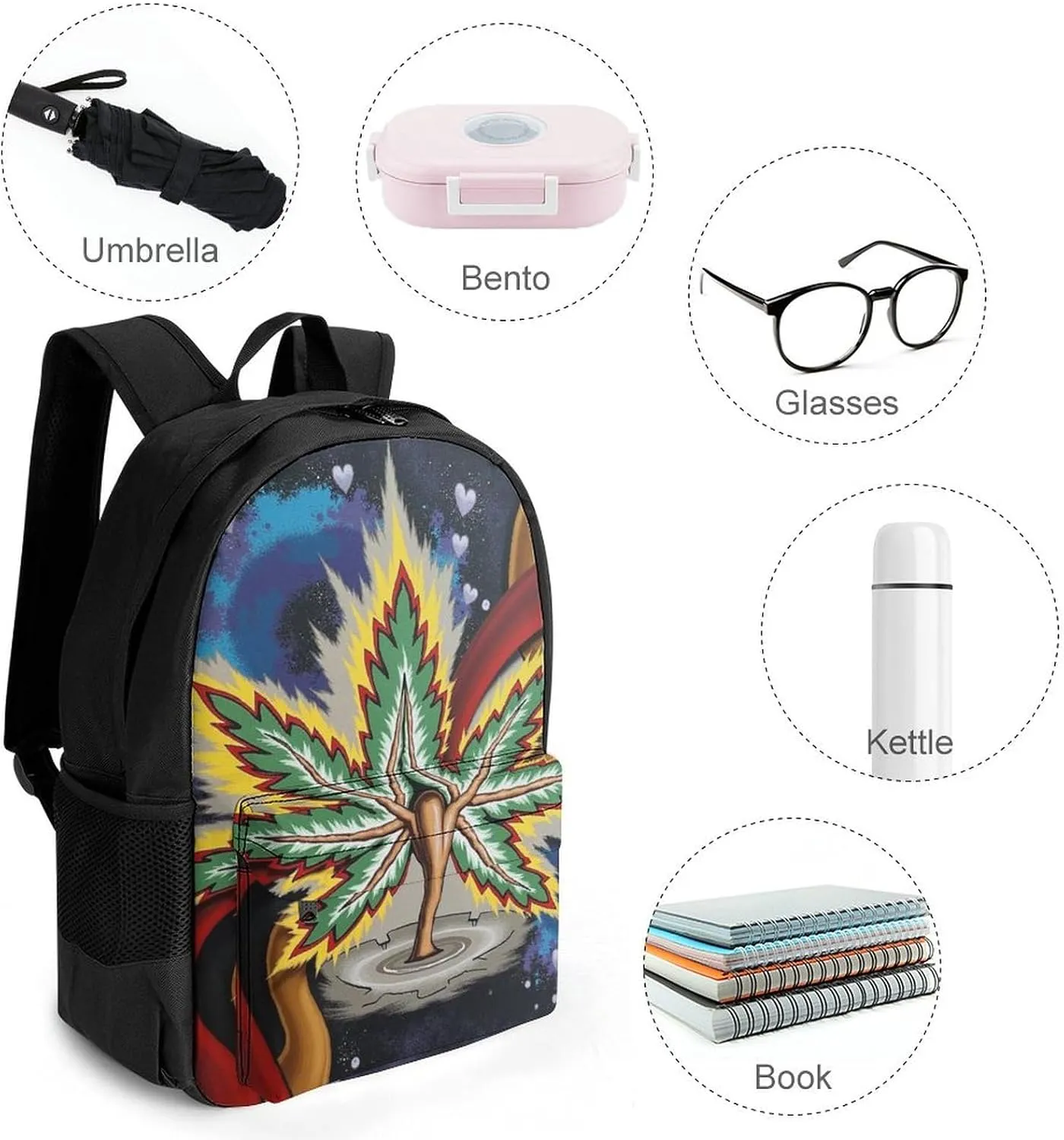 Men Women Lightweight Beauty Psychedelic Multi Color Marijuanaweed Art Backpack Large Capacity Bookbag With Smooth Zippers for Gym Business Running