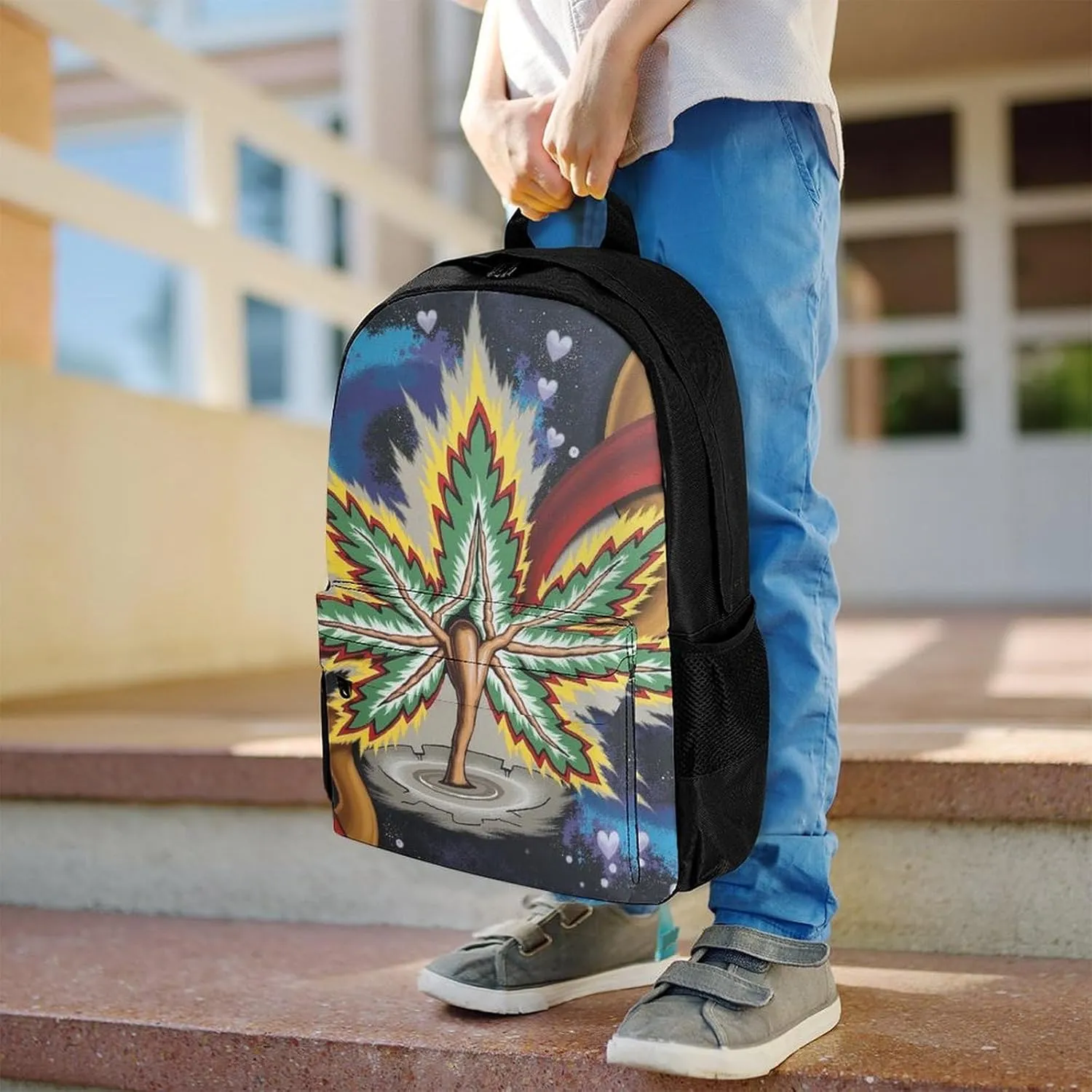 Men Women Lightweight Beauty Psychedelic Multi Color Marijuanaweed Art Backpack Large Capacity Bookbag With Smooth Zippers for Gym Business Running