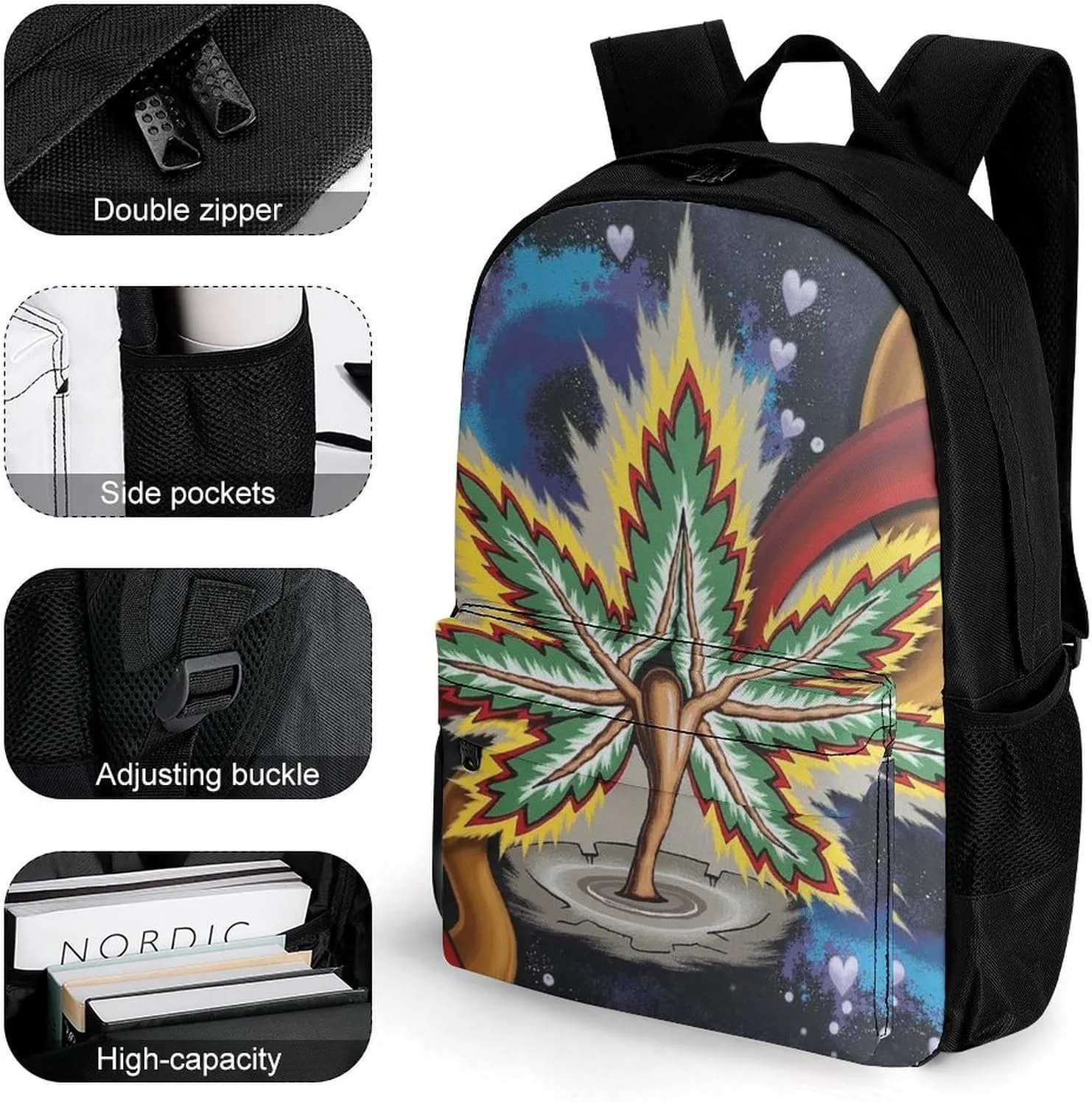 Men Women Lightweight Beauty Psychedelic Multi Color Marijuanaweed Art Backpack Large Capacity Bookbag With Smooth Zippers for Gym Business Running