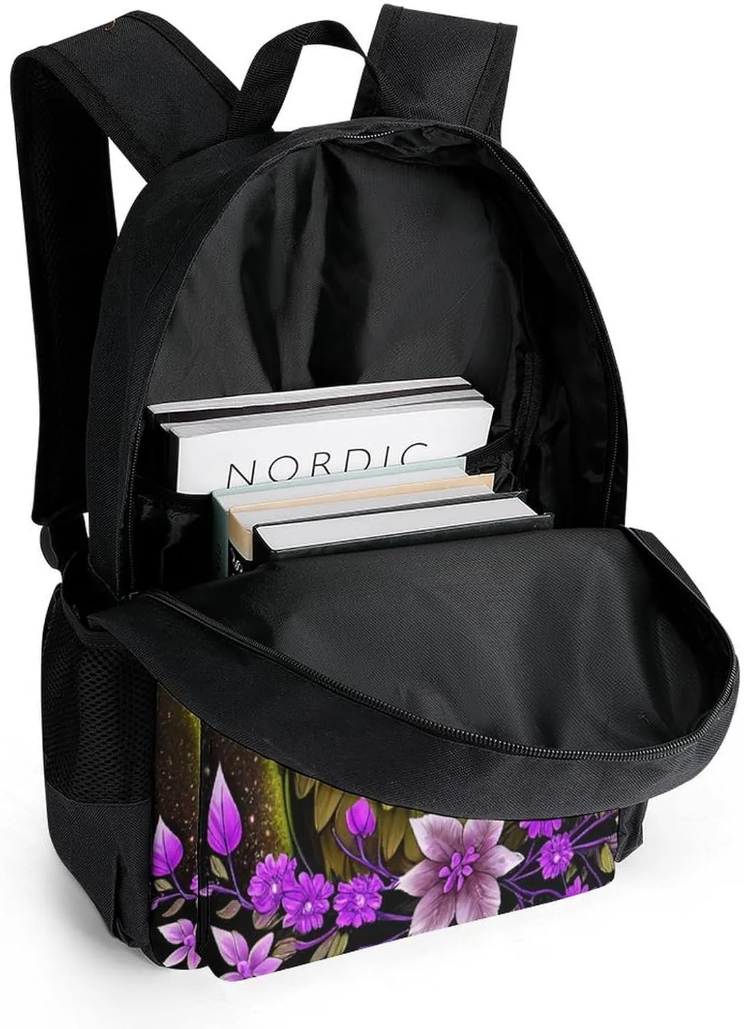 Men Women Lightweight Gold Owl Floral Art Daypack Bookbag Big Capacity Carry On Bag With Side Pockets for Camping Travel Bicycle