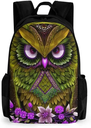 Men Women Lightweight Gold Owl Floral Art Daypack Bookbag Big Capacity Carry On Bag With Side Pockets for Camping Travel Bicycle