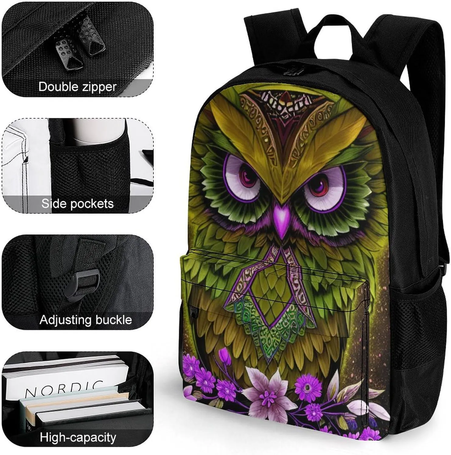 Men Women Lightweight Gold Owl Floral Art Daypack Bookbag Big Capacity Carry On Bag With Side Pockets for Camping Travel Bicycle