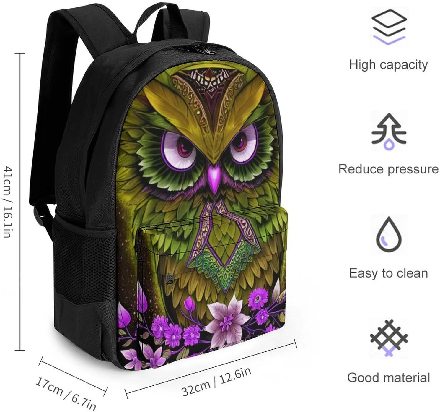 Men Women Lightweight Gold Owl Floral Art Daypack Bookbag Big Capacity Carry On Bag With Side Pockets for Camping Travel Bicycle