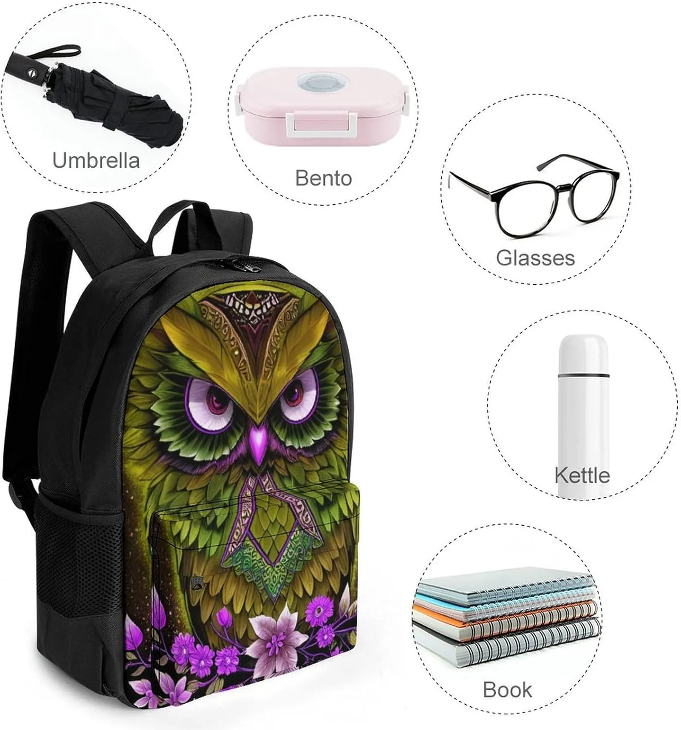 Men Women Lightweight Gold Owl Floral Art Daypack Bookbag Big Capacity Carry On Bag With Side Pockets for Camping Travel Bicycle