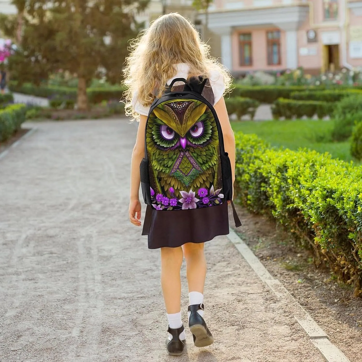 Men Women Lightweight Gold Owl Floral Art Daypack Bookbag Big Capacity Carry On Bag With Side Pockets for Camping Travel Bicycle