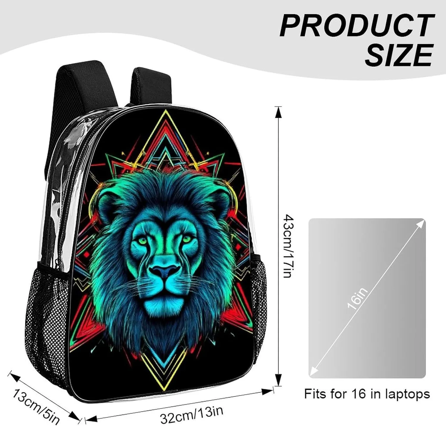 Men Women Lightweight Lion Head Art Daypack Bookbag Big Capacity Carry On Bag Transparent Bag for Camping Travel Bicycle