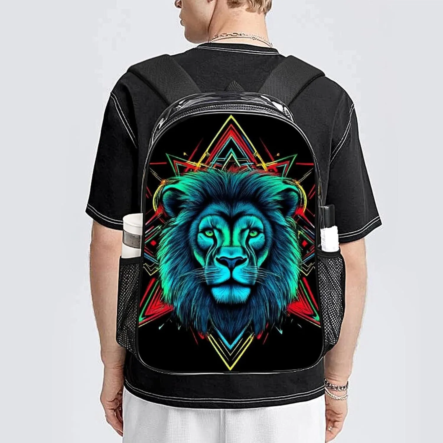 Men Women Lightweight Lion Head Art Daypack Bookbag Big Capacity Carry On Bag Transparent Bag for Camping Travel Bicycle
