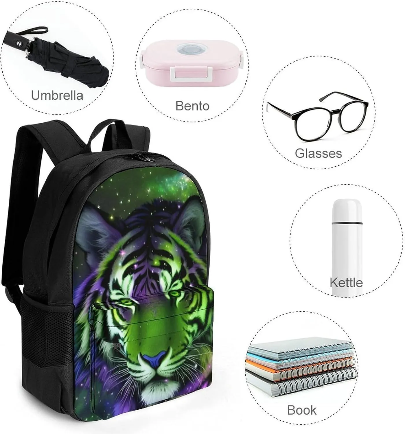 Men Women Lightweight Mystic Fantasy Galaxy Sky Fantasy Wild Animals Tiger Art Backpack Large Capacity Carry On Bag With Padded Straps for Sports Work Walking Cycling
