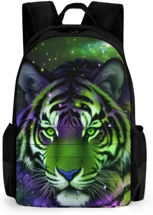 Men Women Lightweight Mystic Fantasy Galaxy Sky Fantasy Wild Animals Tiger Art Backpack Large Capacity Carry On Bag With Padded Straps for Sports Work Walking Cycling