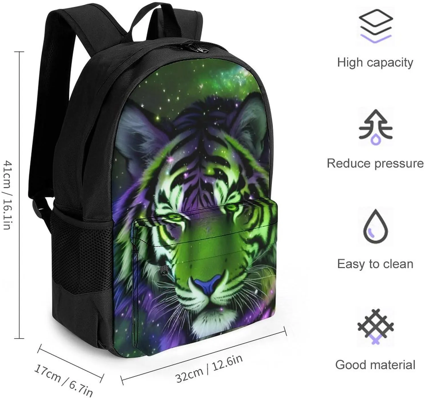 Men Women Lightweight Mystic Fantasy Galaxy Sky Fantasy Wild Animals Tiger Art Backpack Large Capacity Carry On Bag With Padded Straps for Sports Work Walking Cycling