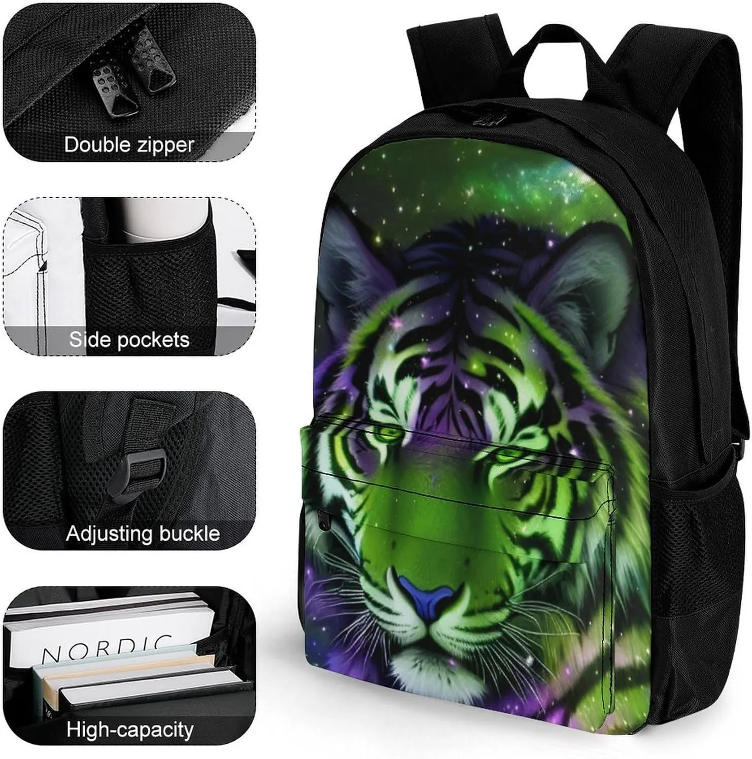 Men Women Lightweight Mystic Fantasy Galaxy Sky Fantasy Wild Animals Tiger Art Backpack Large Capacity Carry On Bag With Padded Straps for Sports Work Walking Cycling