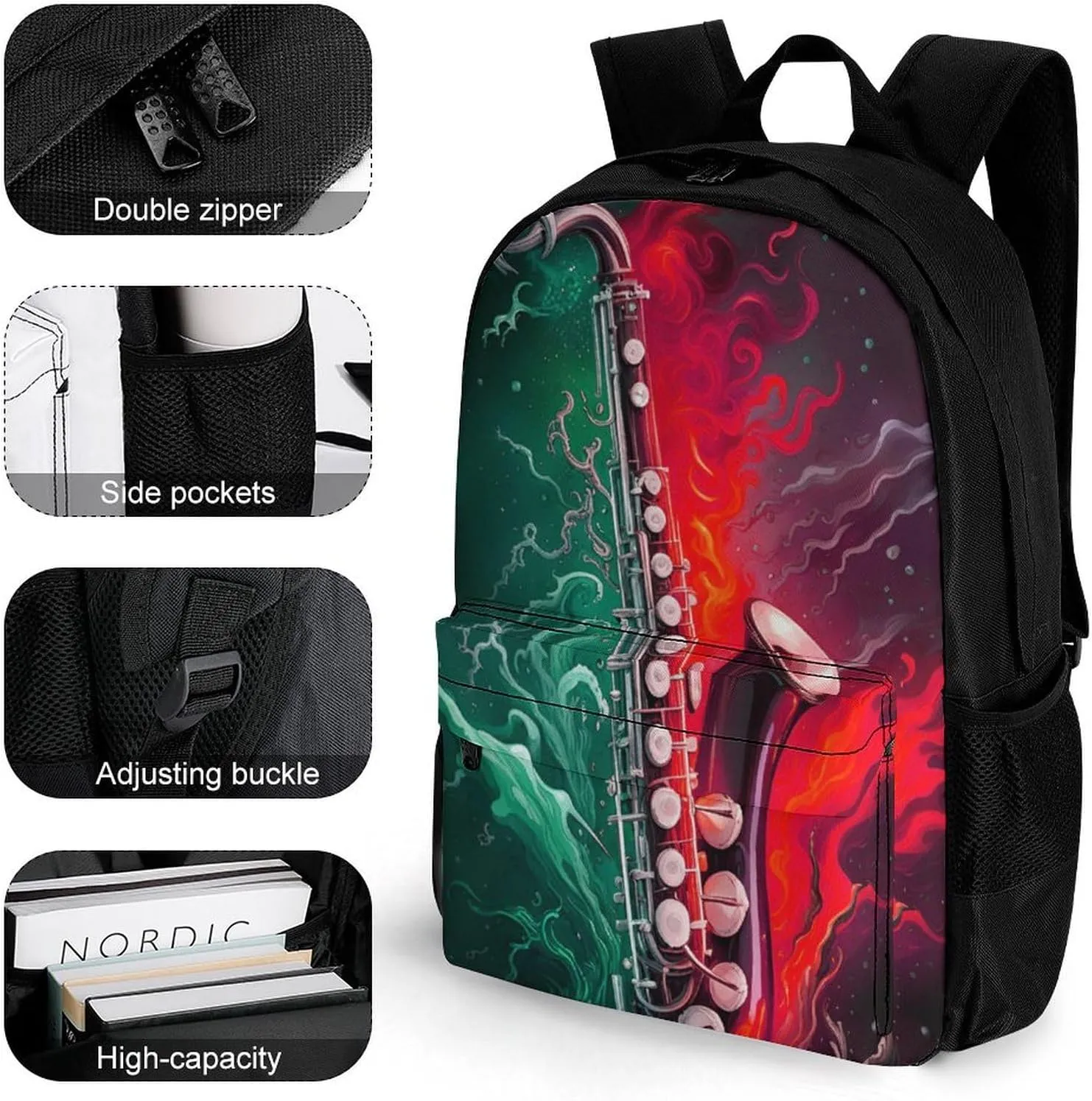 Men Women Lightweight Saxophone In Fire And Water Art Backpack Large Capacity Bookbag With Smooth Zippers for Gym Business Running