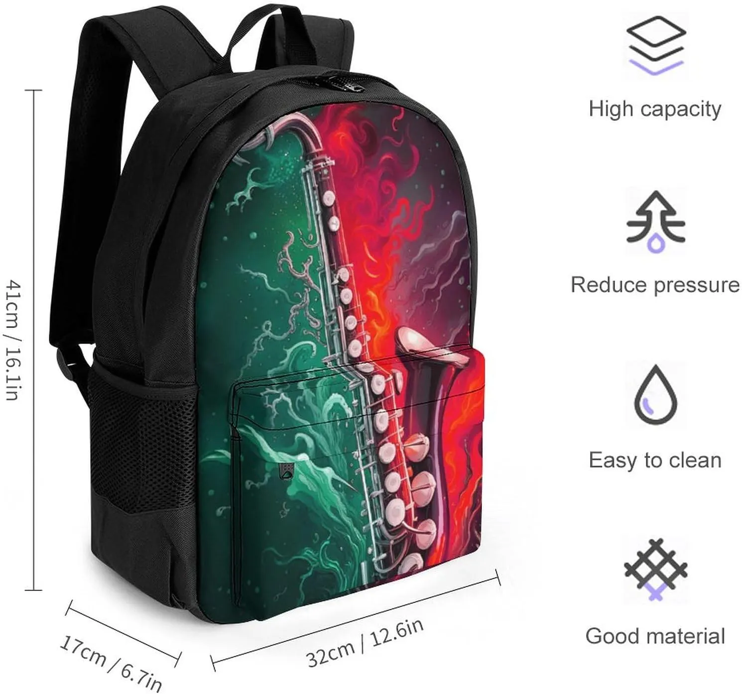 Men Women Lightweight Saxophone In Fire And Water Art Backpack Large Capacity Bookbag With Smooth Zippers for Gym Business Running