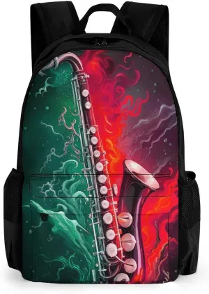 Men Women Lightweight Saxophone In Fire And Water Art Backpack Large Capacity Bookbag With Smooth Zippers for Gym Business Running