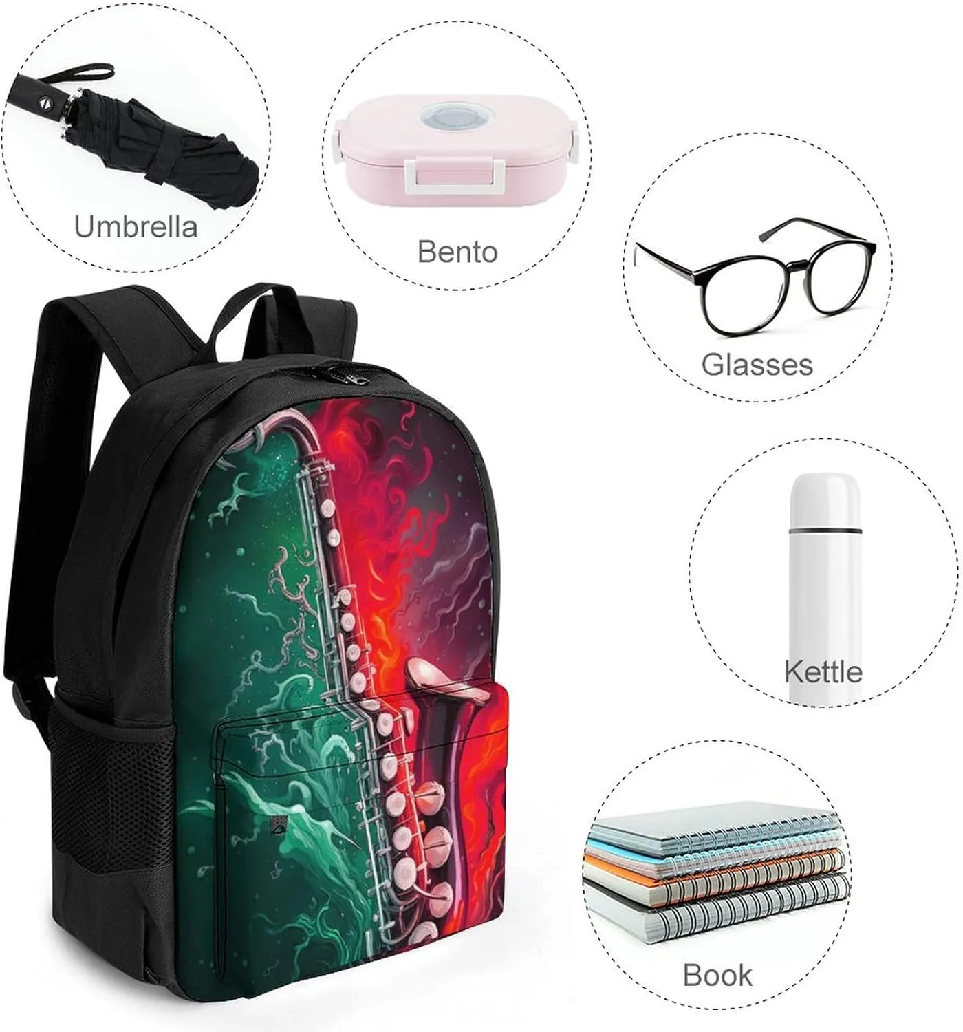 Men Women Lightweight Saxophone In Fire And Water Art Backpack Large Capacity Bookbag With Smooth Zippers for Gym Business Running