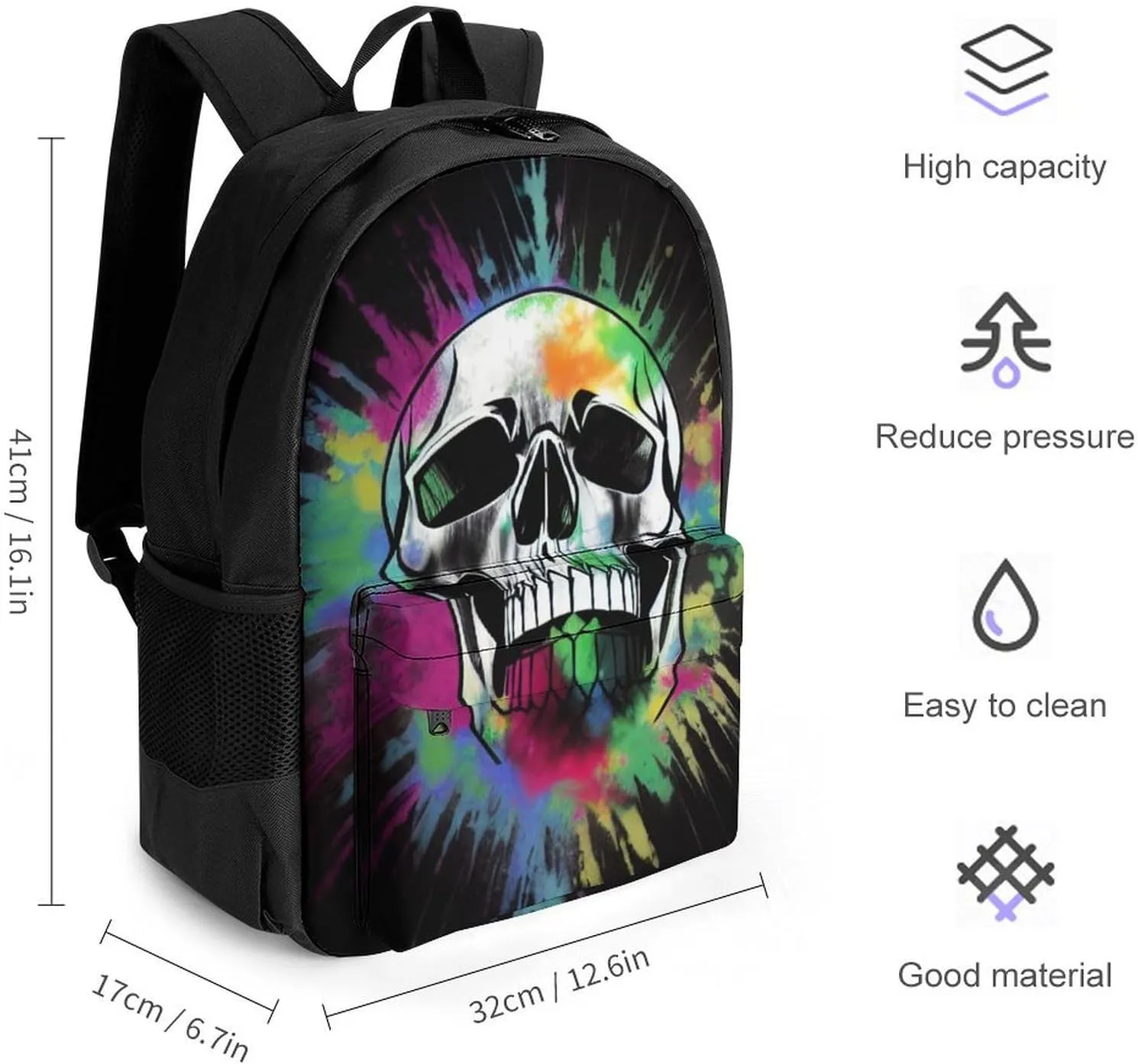 Men Women Polyester Classic Cool Skull Tie Dye Art Daypack Big Capacity Shoulder Bag With Smooth Zippers for Hiking Work Walking Cycling