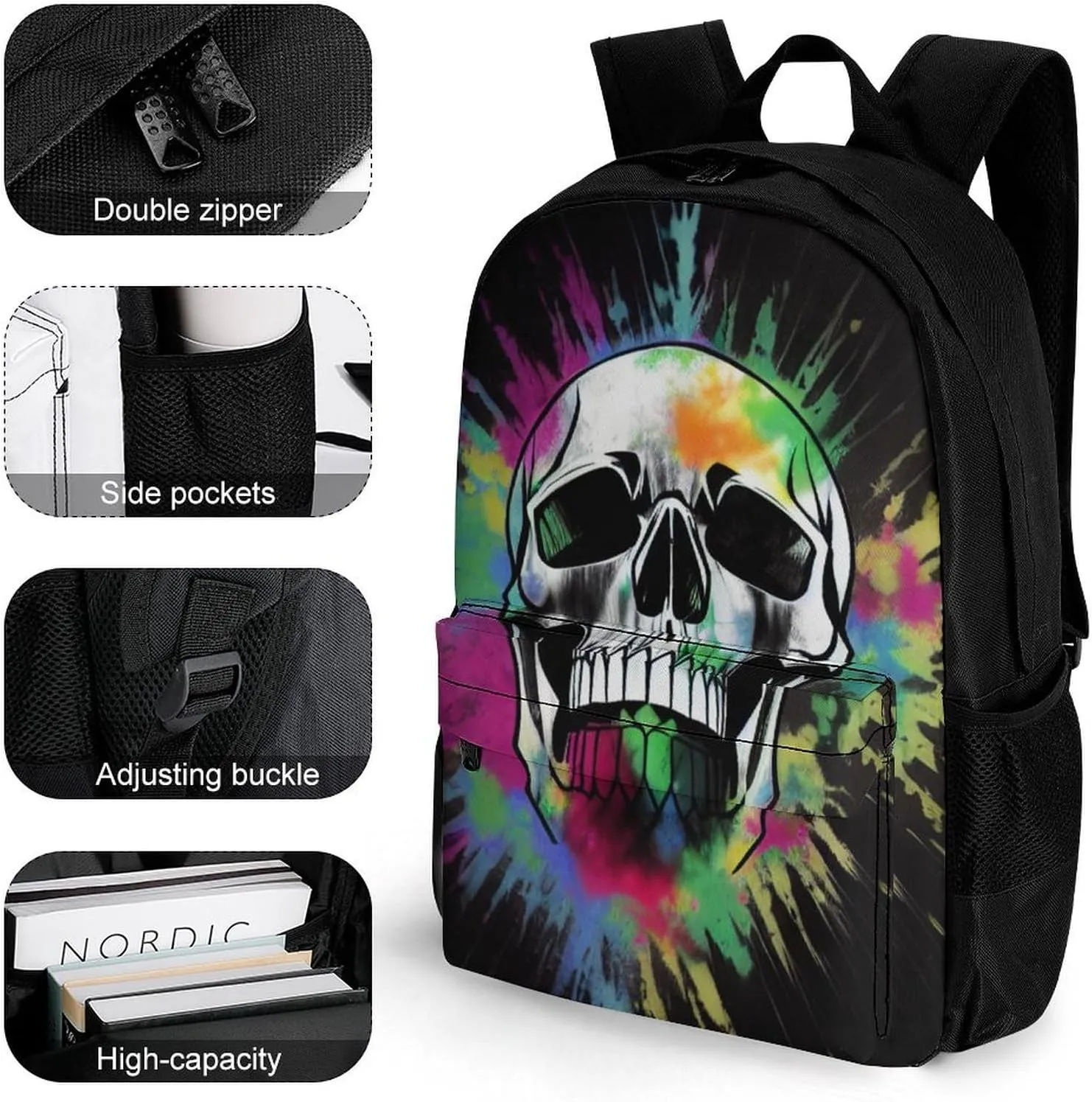 Men Women Polyester Classic Cool Skull Tie Dye Art Daypack Big Capacity Shoulder Bag With Smooth Zippers for Hiking Work Walking Cycling