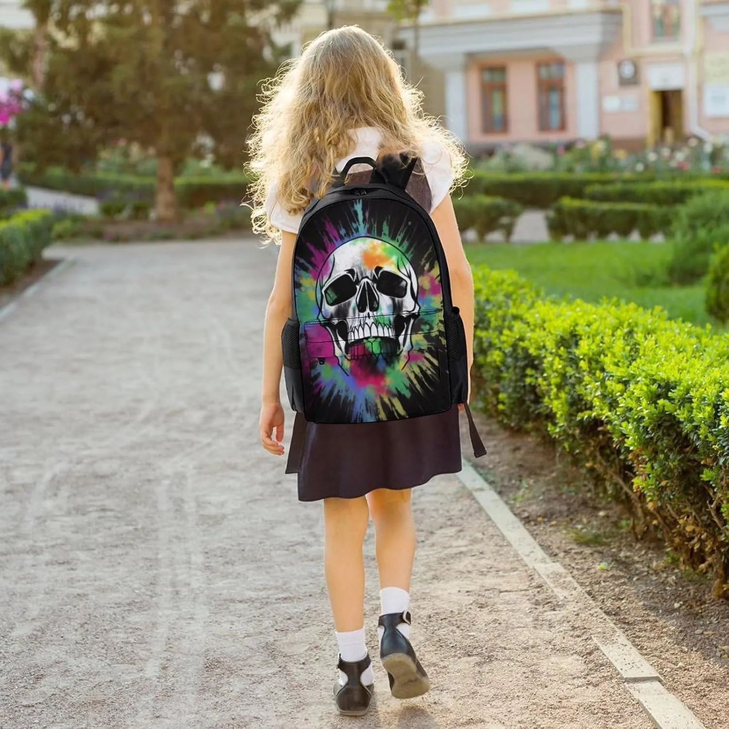 Men Women Polyester Classic Cool Skull Tie Dye Art Daypack Big Capacity Shoulder Bag With Smooth Zippers for Hiking Work Walking Cycling