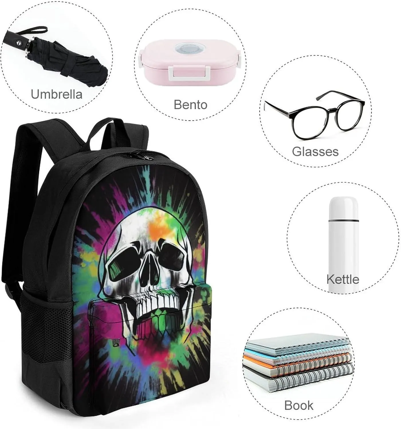 Men Women Polyester Classic Cool Skull Tie Dye Art Daypack Big Capacity Shoulder Bag With Smooth Zippers for Hiking Work Walking Cycling
