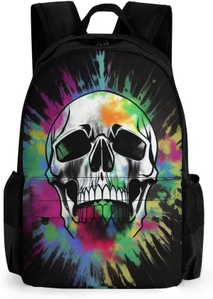 Men Women Polyester Classic Cool Skull Tie Dye Art Daypack Big Capacity Shoulder Bag With Smooth Zippers for Hiking Work Walking Cycling