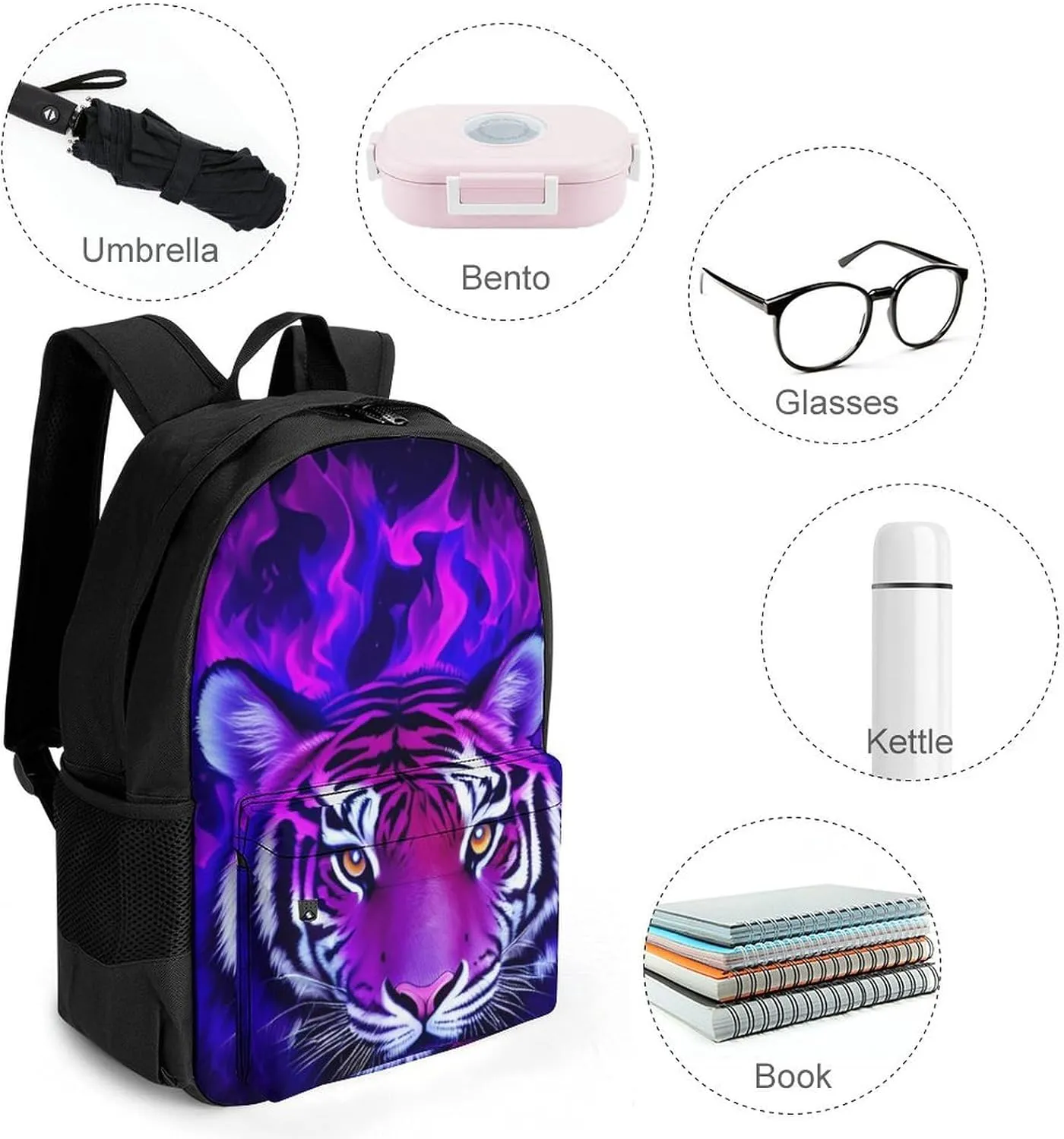 Men Women Polyester Cool Tiger Head Fire Surreal Style Art Daypack Backpack Large Capacity Carry On Bag With Smooth Zippers for Hiking Picnic Walking Cycling