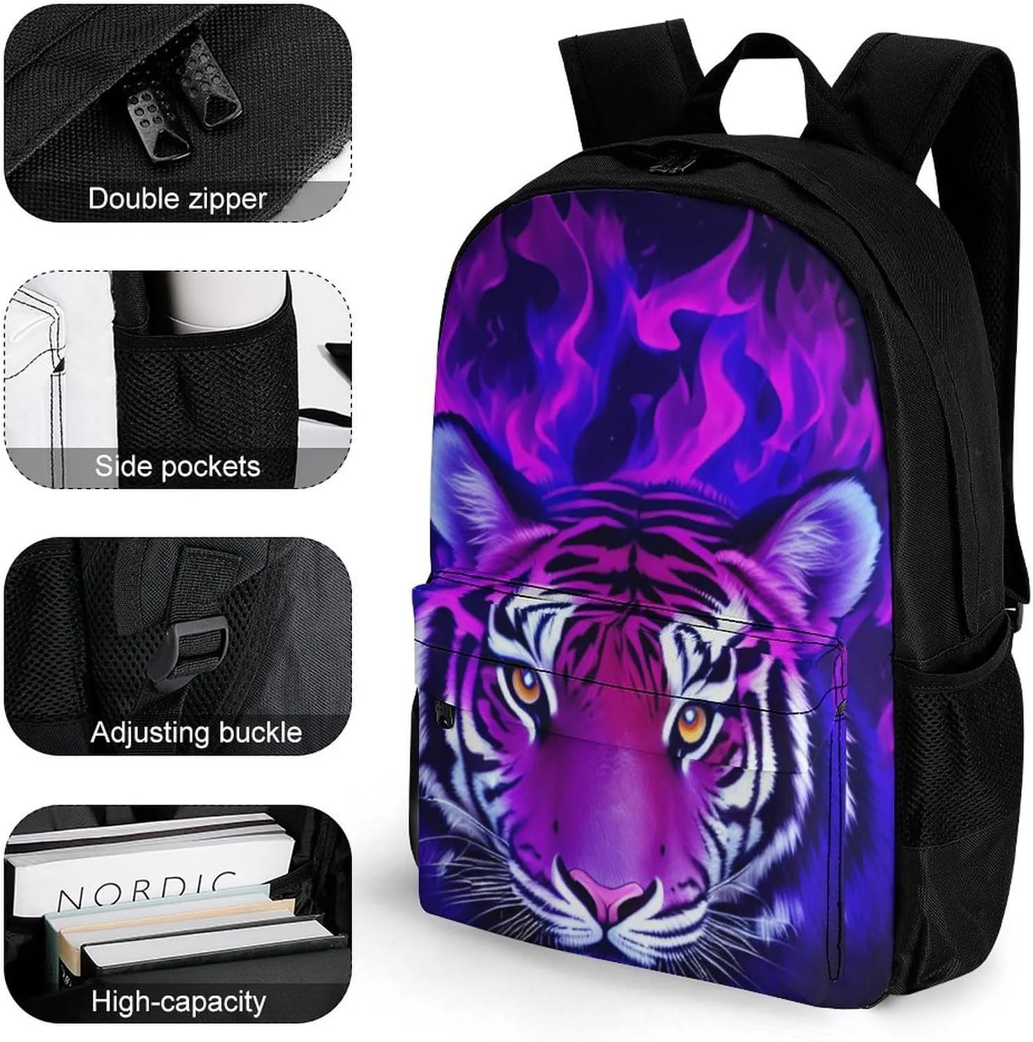 Men Women Polyester Cool Tiger Head Fire Surreal Style Art Daypack Backpack Large Capacity Carry On Bag With Smooth Zippers for Hiking Picnic Walking Cycling
