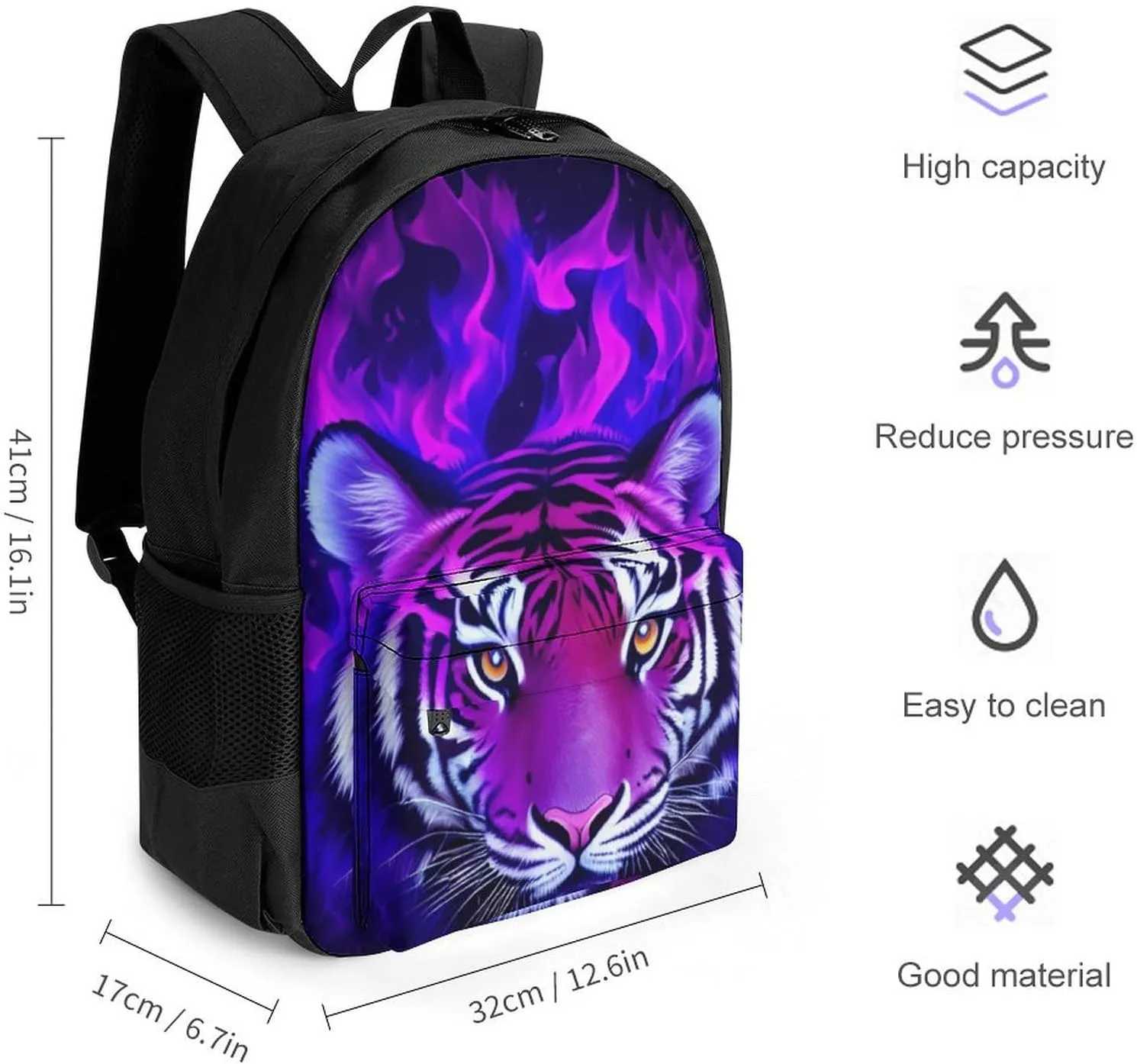 Men Women Polyester Cool Tiger Head Fire Surreal Style Art Daypack Backpack Large Capacity Carry On Bag With Smooth Zippers for Hiking Picnic Walking Cycling