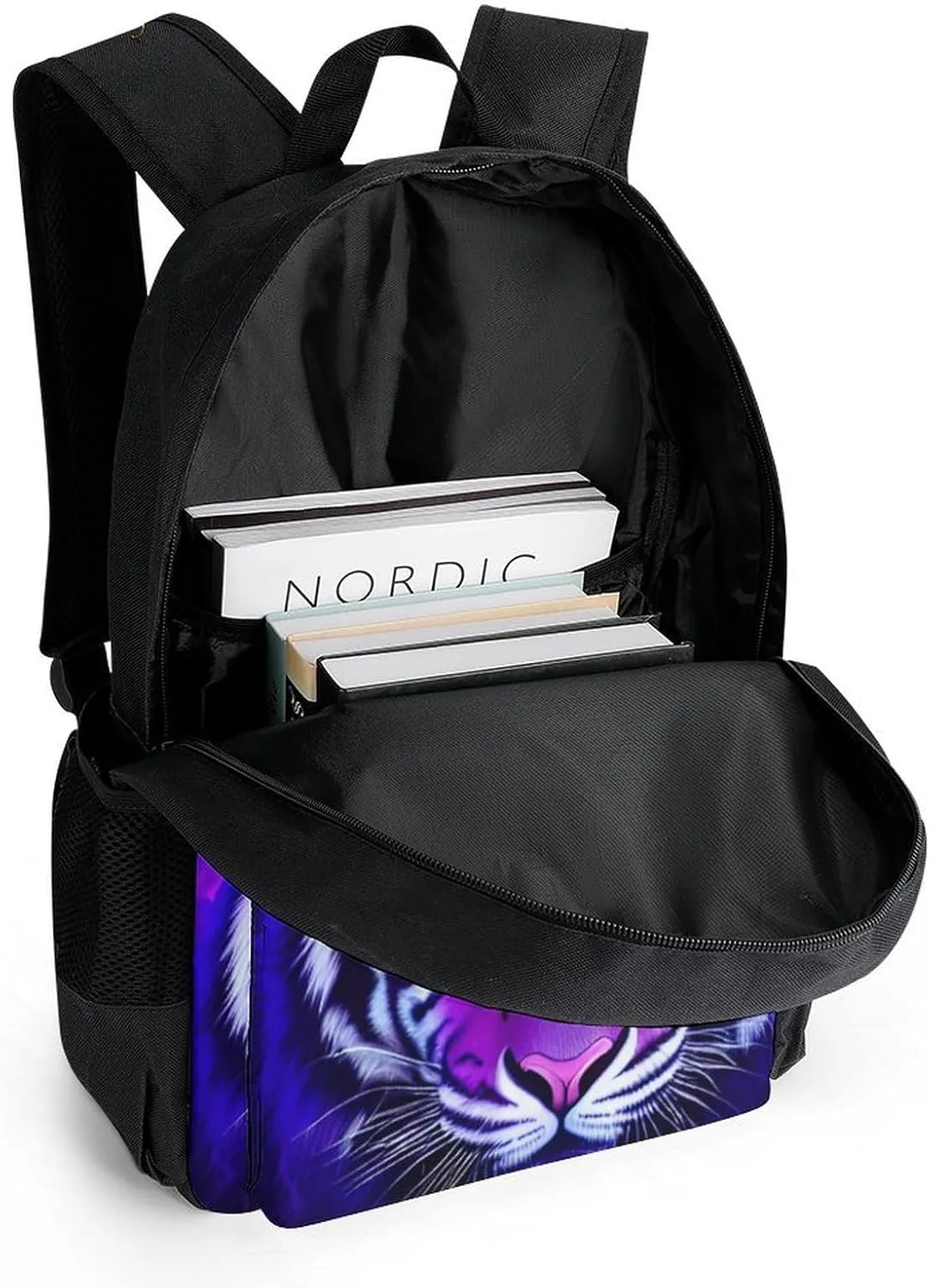 Men Women Polyester Cool Tiger Head Fire Surreal Style Art Daypack Backpack Large Capacity Carry On Bag With Smooth Zippers for Hiking Picnic Walking Cycling