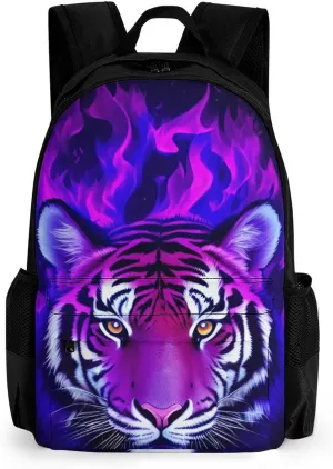 Men Women Polyester Cool Tiger Head Fire Surreal Style Art Daypack Backpack Large Capacity Carry On Bag With Smooth Zippers for Hiking Picnic Walking Cycling