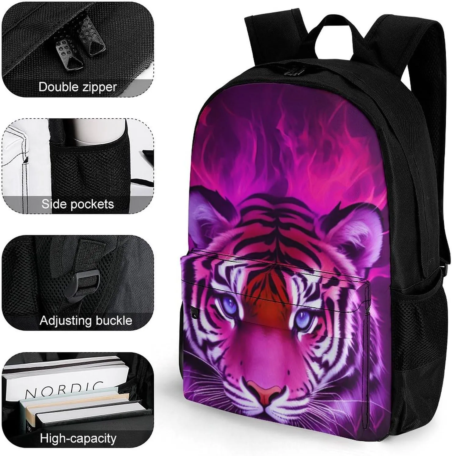 Men Women Polyester Cool Tiger Head Fire Surreal Style Art Daypack Big Capacity Shoulder Bag With Smooth Zippers for Hiking Work Walking Cycling