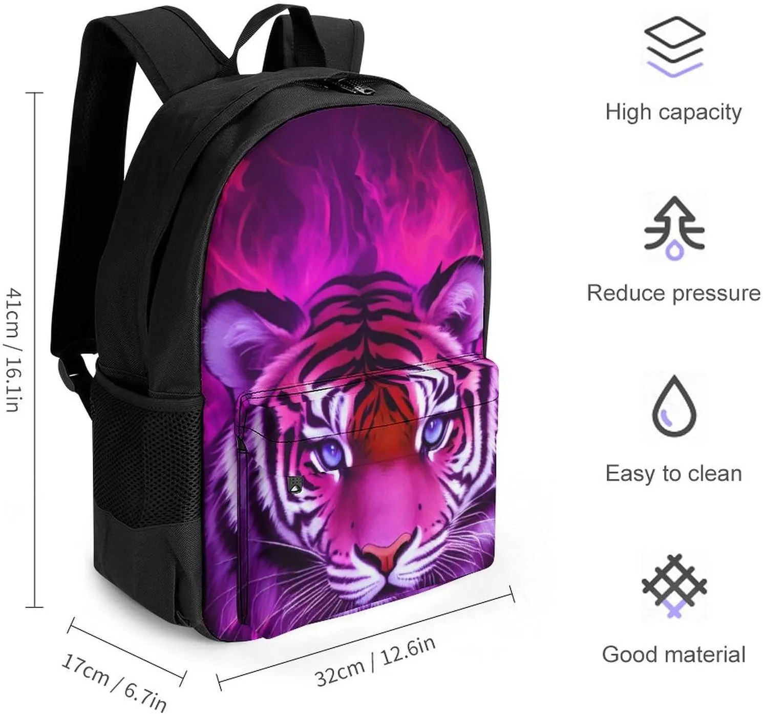 Men Women Polyester Cool Tiger Head Fire Surreal Style Art Daypack Big Capacity Shoulder Bag With Smooth Zippers for Hiking Work Walking Cycling