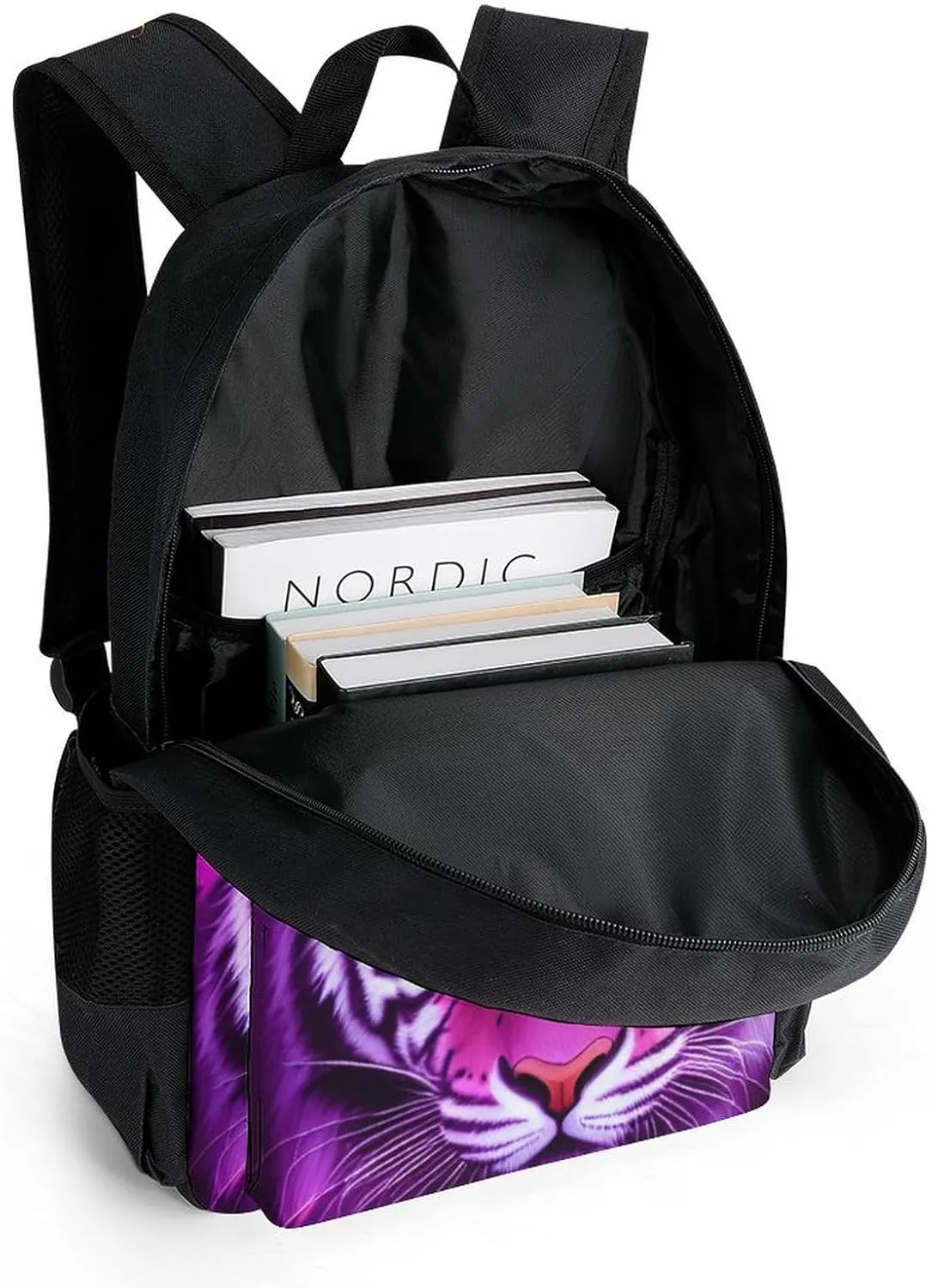 Men Women Polyester Cool Tiger Head Fire Surreal Style Art Daypack Big Capacity Shoulder Bag With Smooth Zippers for Hiking Work Walking Cycling