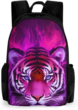 Men Women Polyester Cool Tiger Head Fire Surreal Style Art Daypack Big Capacity Shoulder Bag With Smooth Zippers for Hiking Work Walking Cycling
