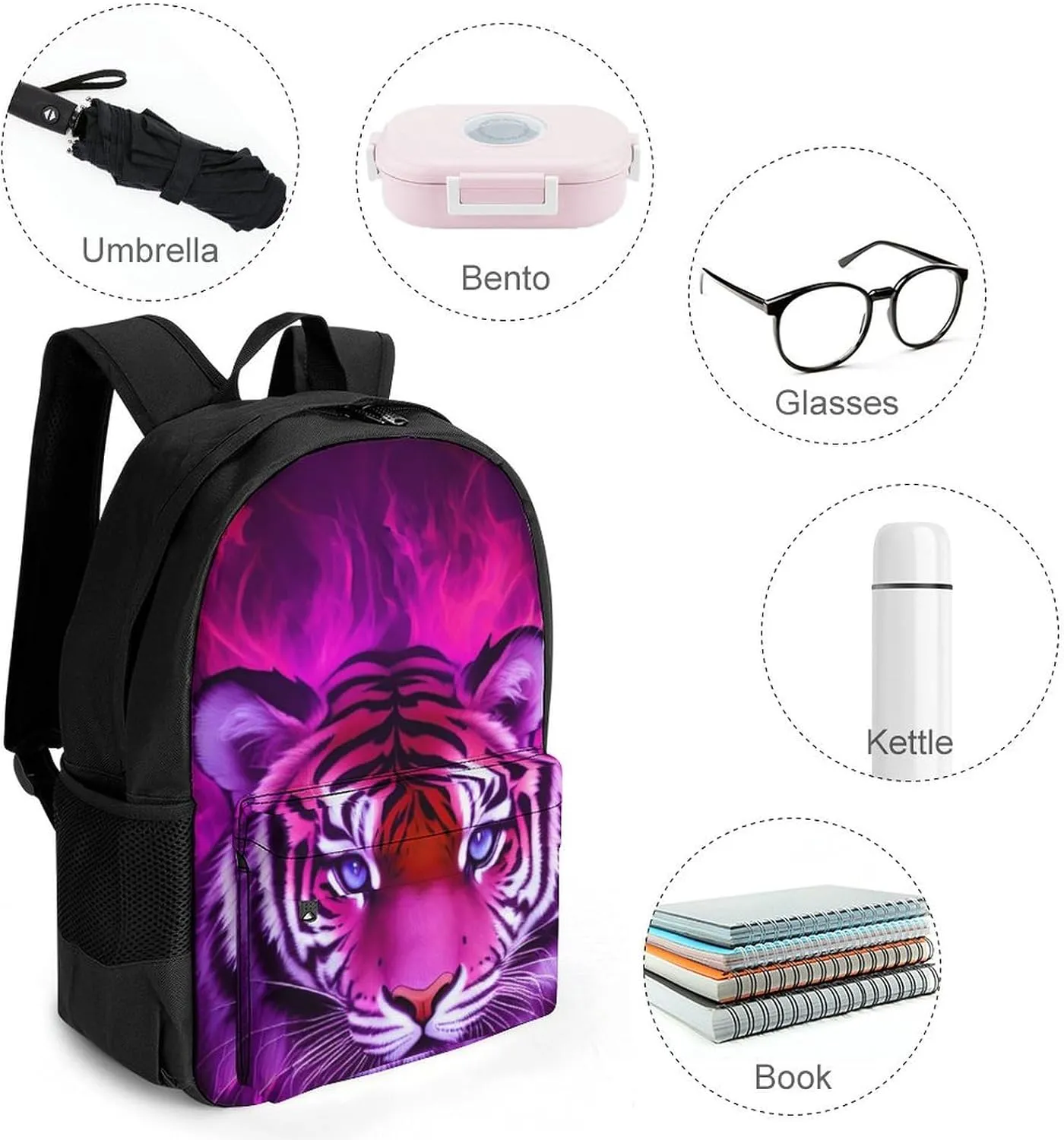 Men Women Polyester Cool Tiger Head Fire Surreal Style Art Daypack Big Capacity Shoulder Bag With Smooth Zippers for Hiking Work Walking Cycling