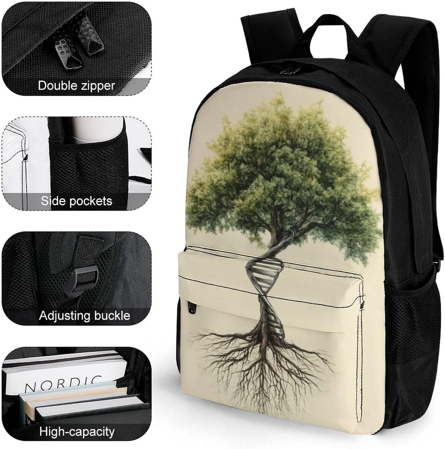 Men Women Polyester Dna Tree Of Life Daypack Big Capacity Shoulder Bag With Smooth Zippers for Hiking Work Walking Cycling