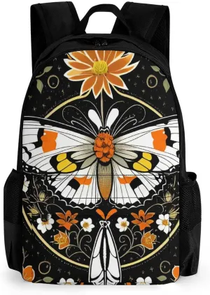 Men Women Polyester Orange Moth Floral Flowers Vintage Art Daypack Big Capacity Shoulder Bag With Adjustable Shoulder Straps for Camping Travel Walking Cycling